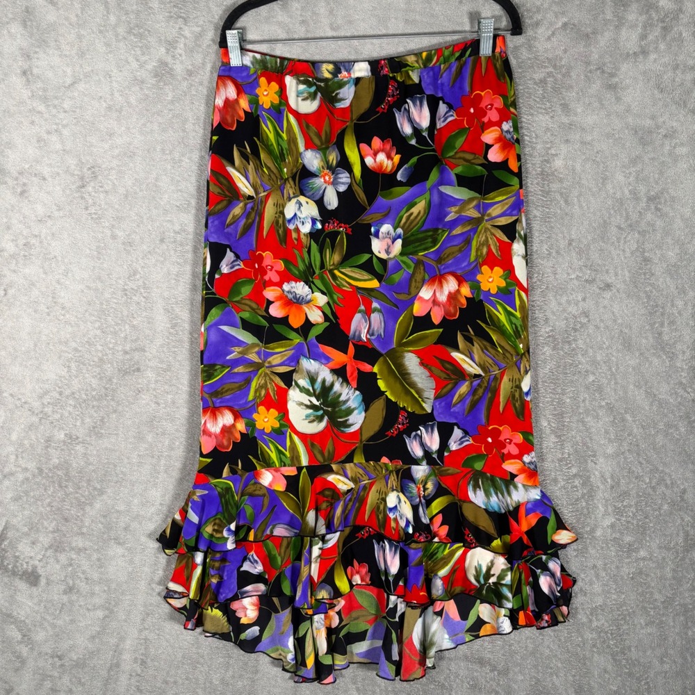 Chicos Design Vintage 100% Silk Floral Ruffle Midi Skirt Size 1 M Multicolor Y2K